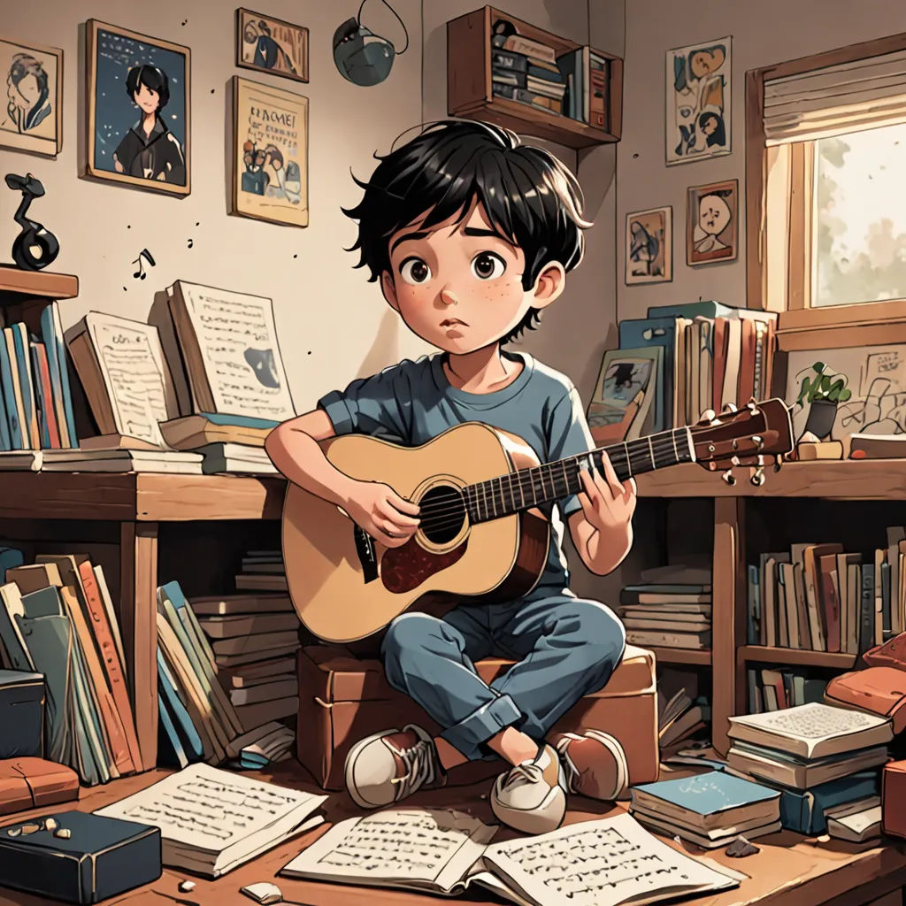 a boy sitting on a chair playing a guitar in a room full of books and bookshelves with a bookcase full of books, Arthur Pan, fantasy art, a storybook illustration, stanley artgerm lau