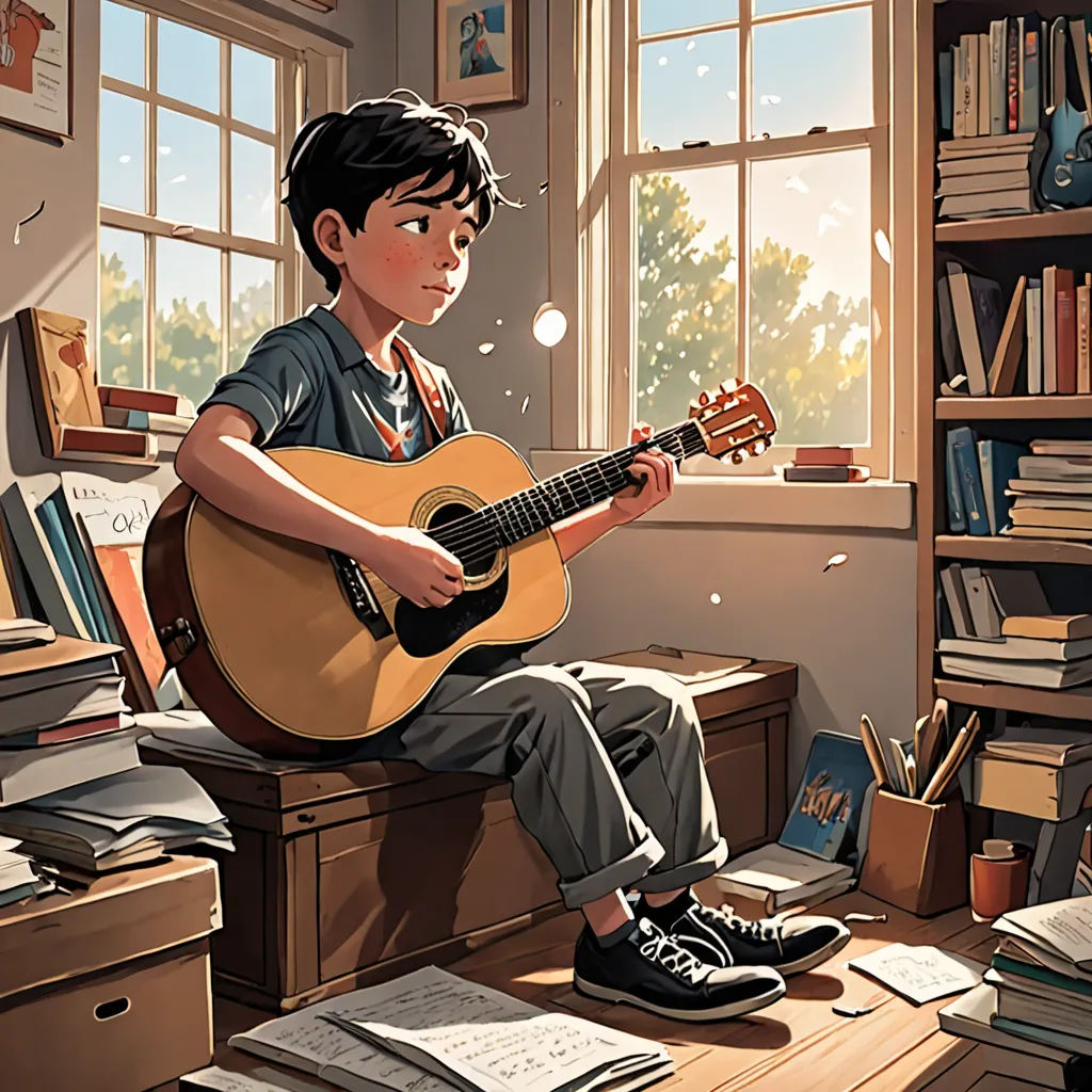 a boy sitting on a desk playing a guitar in a room with a window and bookshelf behind him, Aaron Jasinski, american scene painting, a storybook illustration, official art