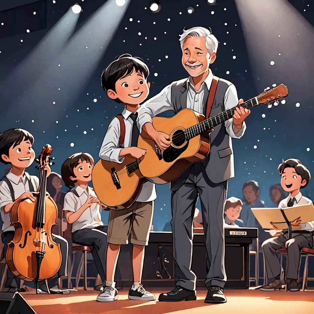 a man playing a guitar in front of a group of children on stage with instruments and lights behind him, Cliff Childs, paris school, a storybook illustration, official art