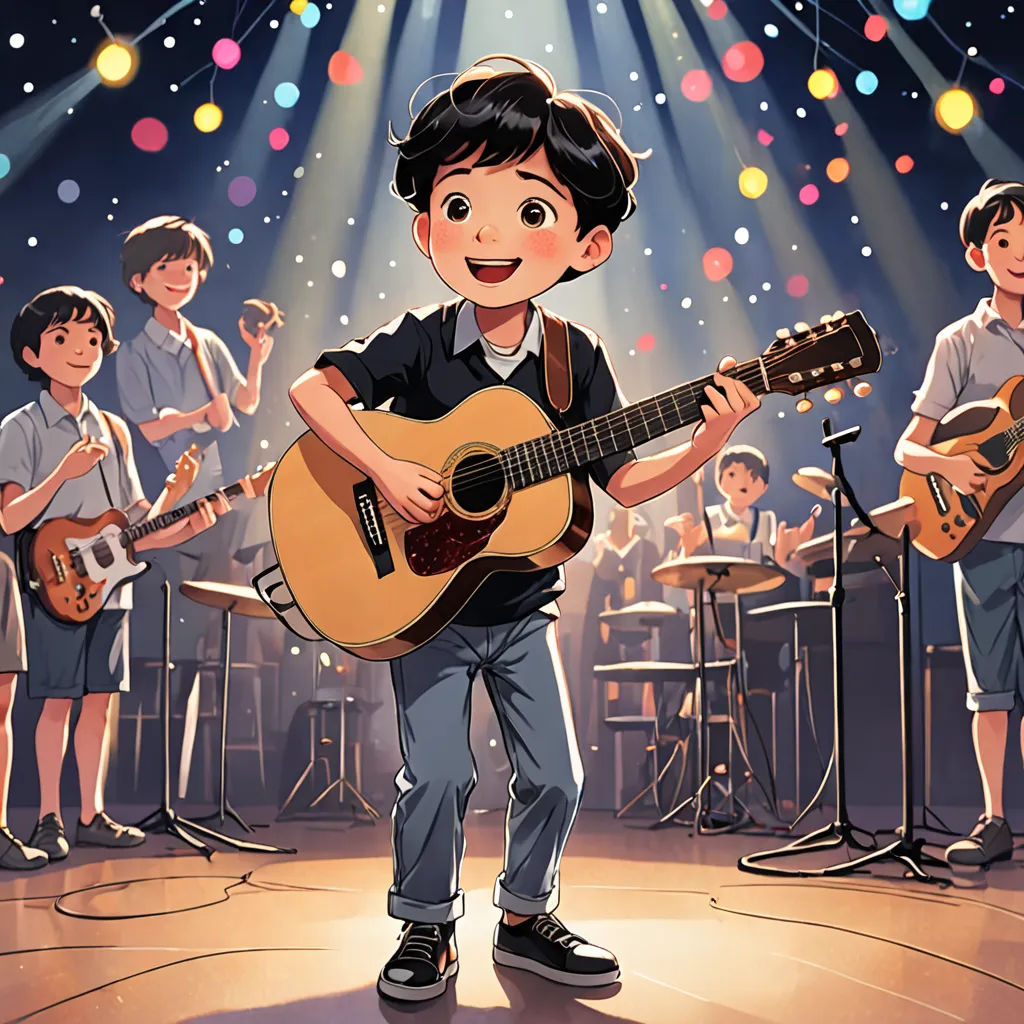a boy playing a guitar in front of a band of children singing on stage with lights behind him and a microphone, Chen Lin, paris school, poster art, official art