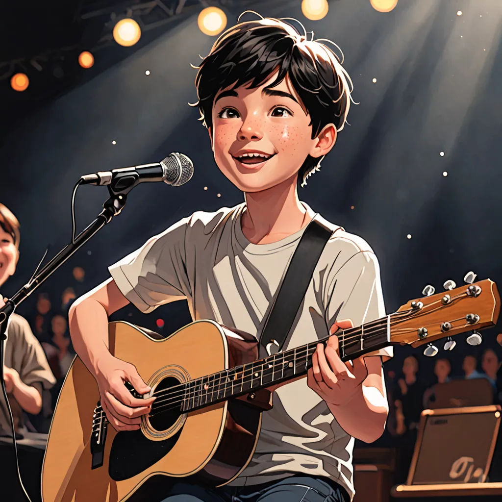 a boy playing a guitar in front of a microphone and a microphone stand with a microphone in front of him, Aaron Jasinski, sots art, a storybook illustration, official art