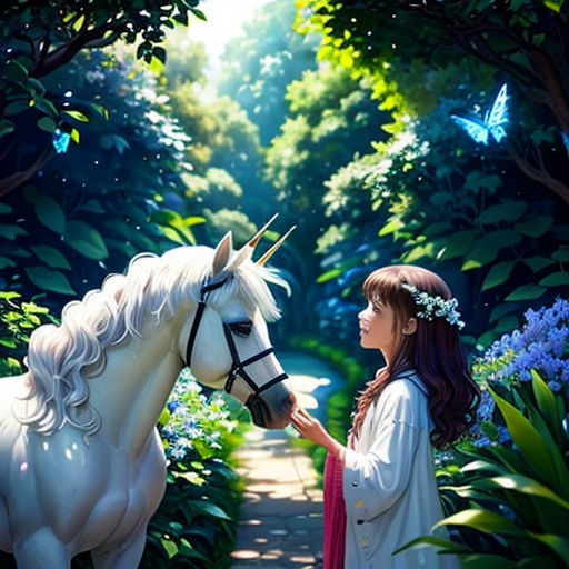 a girl standing next to a white horse in a forest with blue flowers and butterflies on its head and a butterfly on her forehead