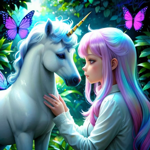 a girl is petting a unicorn in the forest with butterflies on her head and a butterfly on her nose