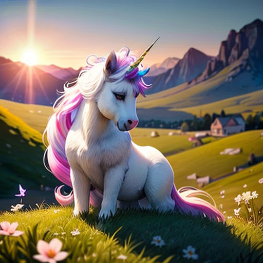a unicorn sitting on top of a lush green hillside next to a mountain range with a sunset behind it