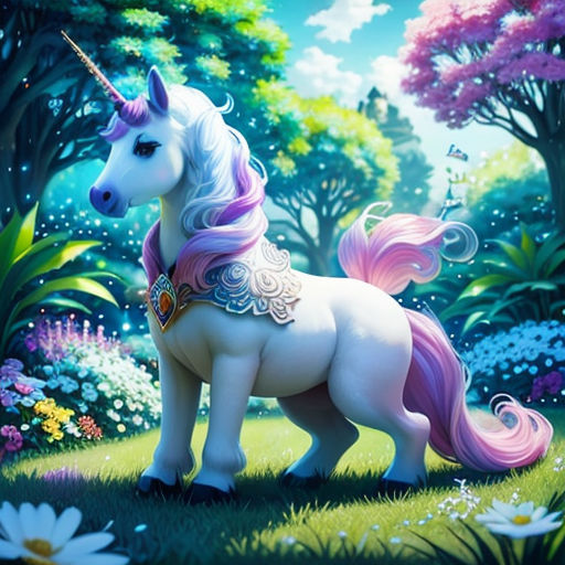 a unicorn standing in the middle of a forest with flowers and trees in the background, with a pink mane