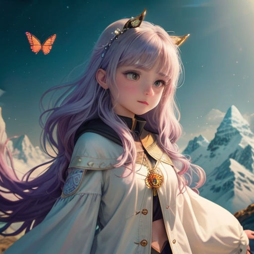 a girl with long purple hair and a crown on her head standing in front of a mountain landscape with a butterfly flying overhead
