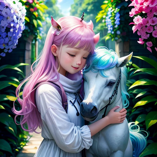 a girl hugging a white horse in a garden of flowers and trees with pink hair and a blue mane