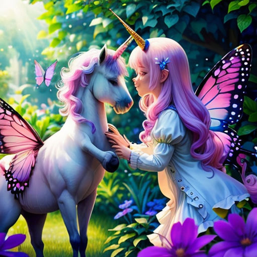 a girl and a unicorn are in the grass with flowers and butterflies around them, and one of the two are touching the other's foreheads