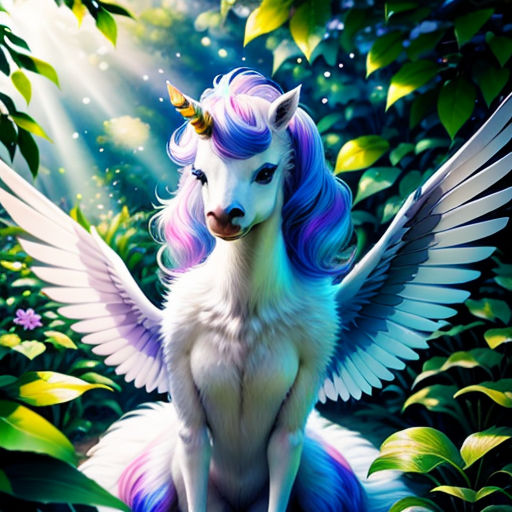 a unicorn sitting on top of a lush green forest next to a forest filled with trees and leaves,