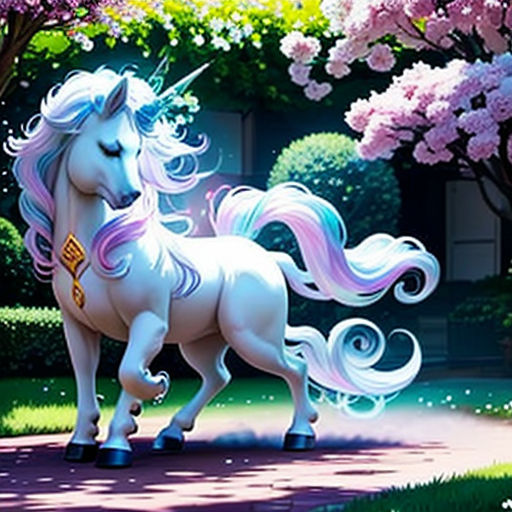 a unicorn is walking through a park with trees and flowers in the background, and a pink flowered tree in the foreground