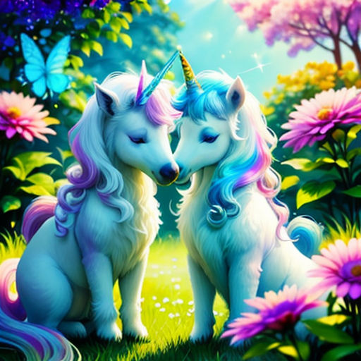 two unicorns are sitting in the grass with flowers and butterflies around them, one is kissing the other