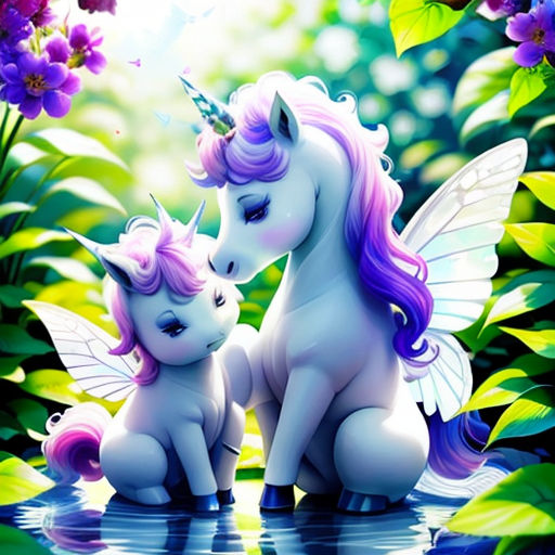 a unicorn and a baby unicorn are sitting in the water together, with flowers in the background and a butterfly on the back