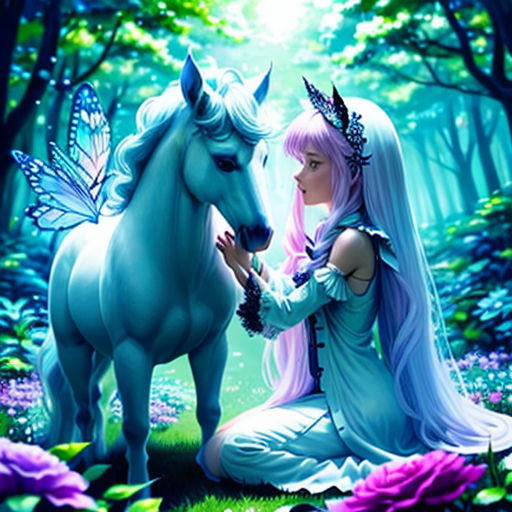 a girl sitting on the ground next to a horse in a forest with flowers and butterflies on her head