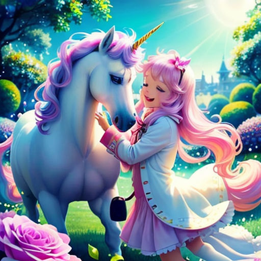 a girl is petting a unicorn in a field of flowers and trees with a castle in the background