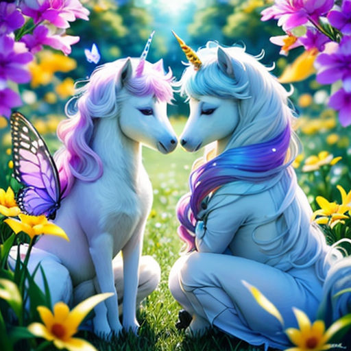 two unicorns sitting in the grass with flowers and butterflies around them, one of them is kissing the other