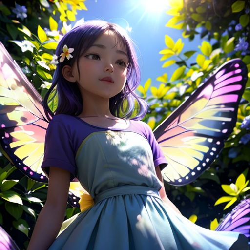 a young girl dressed in a fairy costume standing in a garden with flowers and leaves on her head and a butterfly on her shoulder