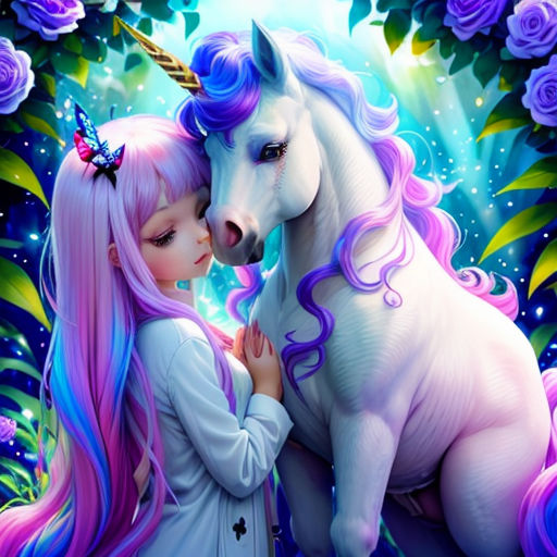 a girl and a unicorn are kissing in the moonlight with roses around them and a butterfly on their forehead