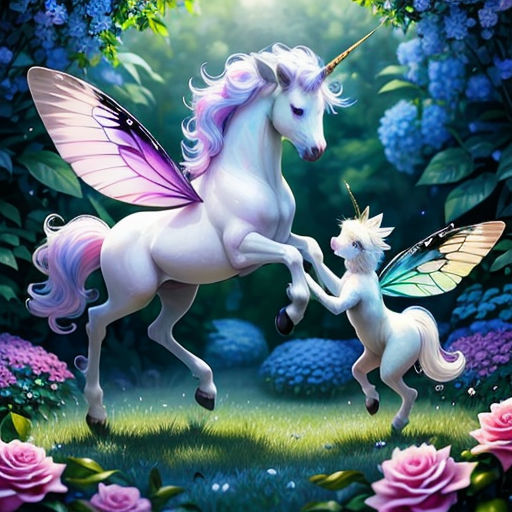 a unicorn and a unicorn are in the grass with flowers and trees in the background, and one unicorn is holding the tail of the other unicorn's tail