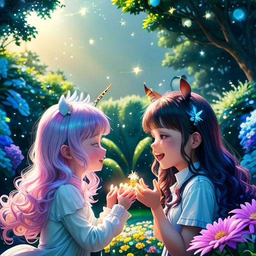 two little girls are playing with a flower in the forest with a unicorn on their head and a unicorn on their head