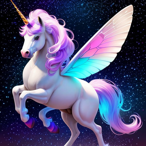 a unicorn with a pink mane and blue wings flying through the sky with stars in the background and a purple and blue background