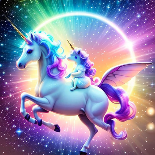 a unicorn riding on the back of a white horse in space with stars and a rainbow background with a rainbow ring