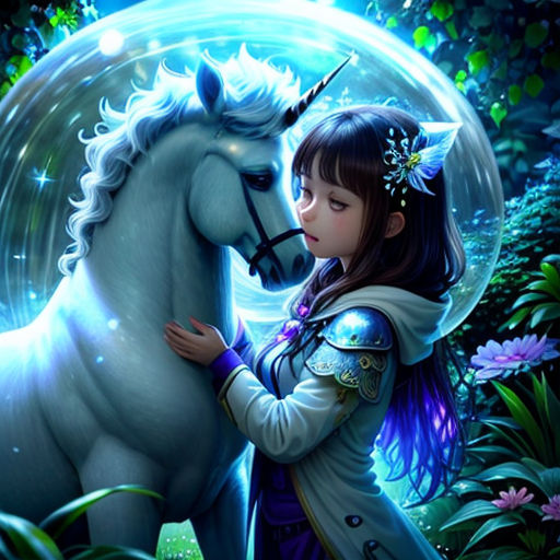a girl is hugging a white horse in a forest with flowers and butterflies around her, with a blue moon behind her