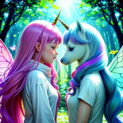 two girls with pink hair and unicorns in the woods, one is kissing the other's forehead