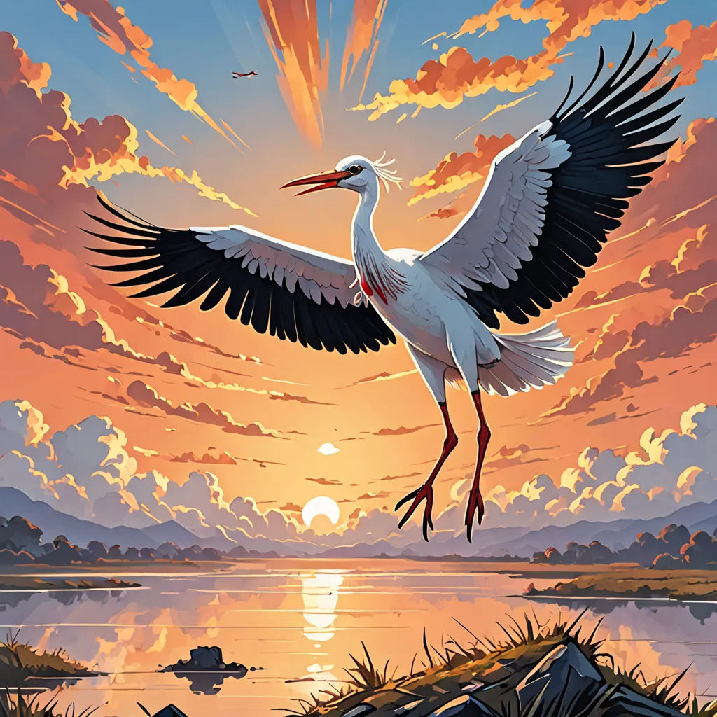 a painting of a bird flying over a lake at sunset with a bird in the foreground and a bird in the background, ecological art, a painting, Arie Smit, comic cover art