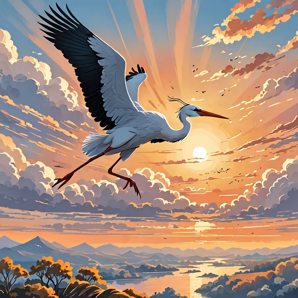 a painting of a bird flying in the sky with the sun setting behind it and clouds in the sky, magic realism, a comic book panel, Dan Mumford, josan gonzales and dan mumford