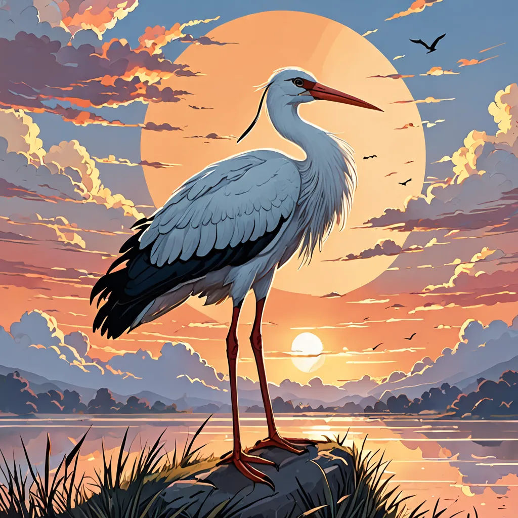 a bird standing on a rock in front of a sunset with clouds and birds flying above it and a body of water, magic realism, a painting, Chris LaBrooy, birds