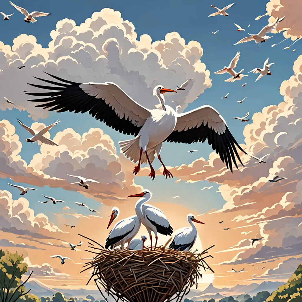 a painting of a bird flying over a nest with two birds on it's wings and a sky filled with clouds, american scene painting, an ultrafine detailed painting, Brothers Hildebrandt, birds