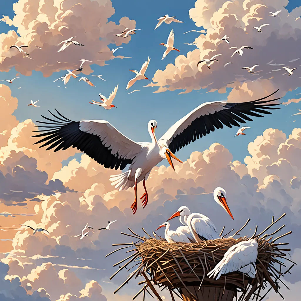 a painting of a stork and its babies in a nest with clouds in the background and birds flying around, magic realism, an ultrafine detailed painting, Chris LaBrooy, highly detailed digital painting