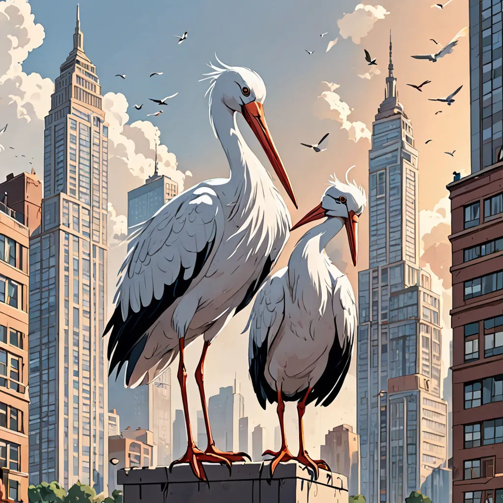 two birds standing on a ledge in front of a city skyline with birds flying around them and a bird with a beak in its mouth, american scene painting, a comic book panel, Dan Mumford, birds