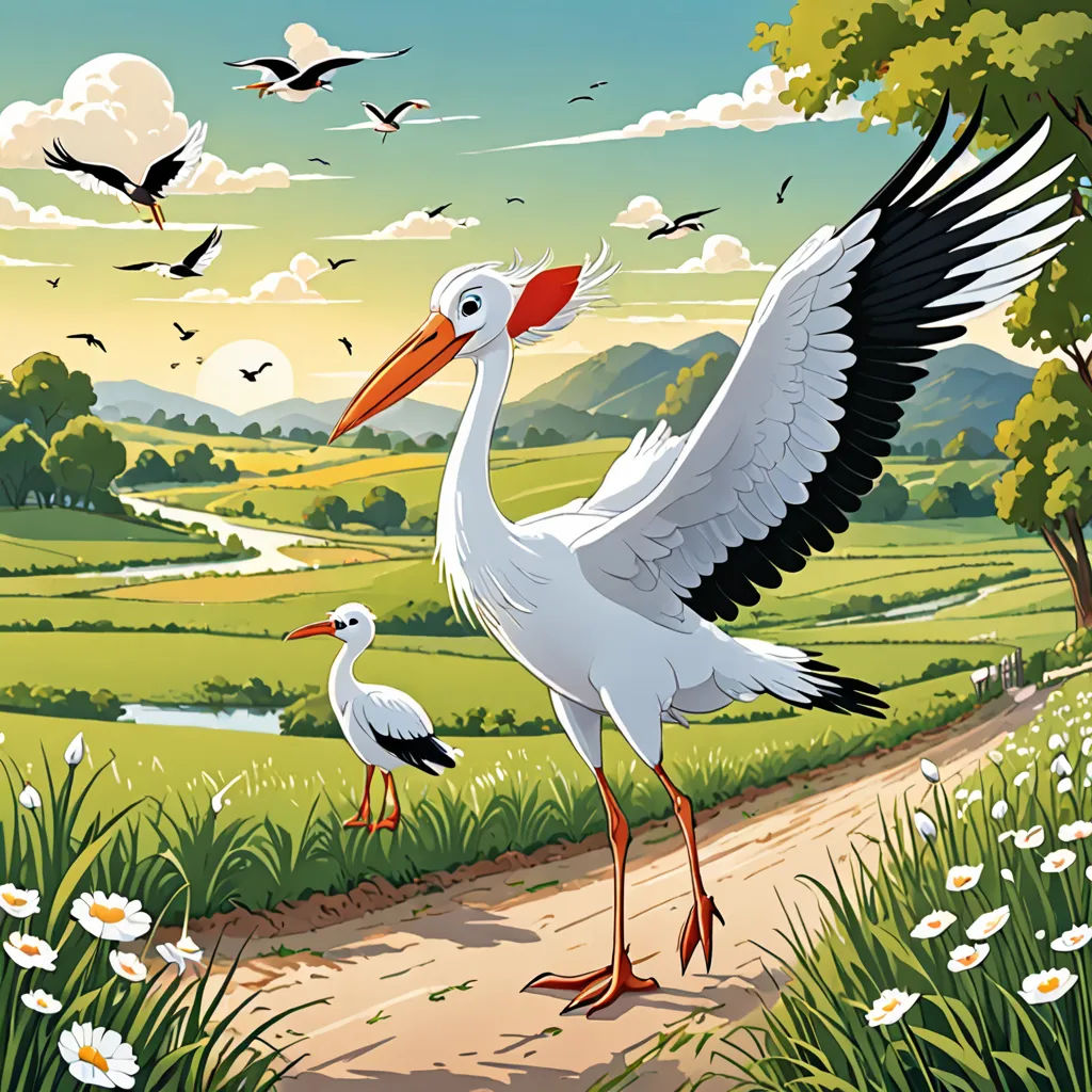 a painting of a stork and a baby bird on a path in a field with flowers and birds, environmental art, a storybook illustration, Chris LaBrooy, storybook illustration