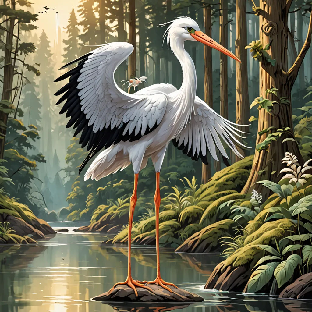 a painting of a bird standing on a rock in a forest next to a river with a fish in it, environmental art, a storybook illustration, Chris LaBrooy, in gouache detailed paintings