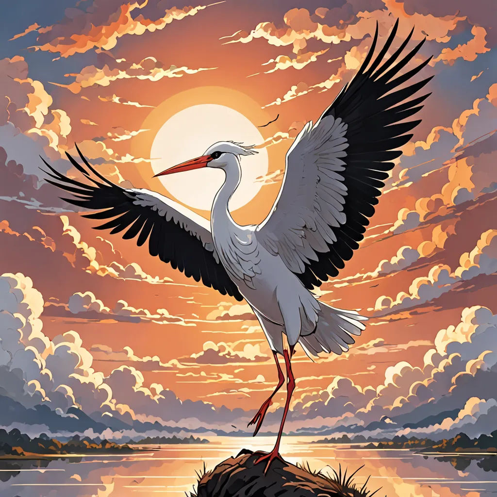a bird with a long beak standing on a rock in front of a sunset and clouds with a body of water, magic realism, a storybook illustration, Dan Mumford, comic cover art