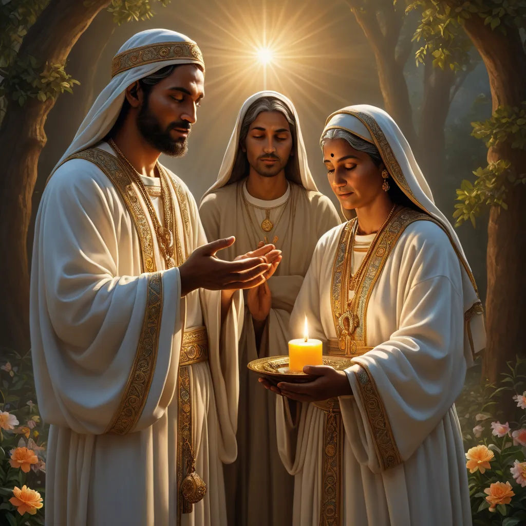 a painting of a man and woman holding a candle in front of a man in a white robe and a woman in a white dress, metaphysical painting, a storybook illustration, Christophe Vacher, radiant light