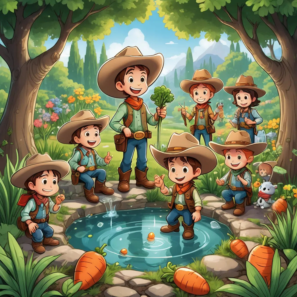 a group of children in cowboy hats standing around a pond of water with carrots and a rabbit in the background, lyco art, a storybook illustration, Andries Stock, game art