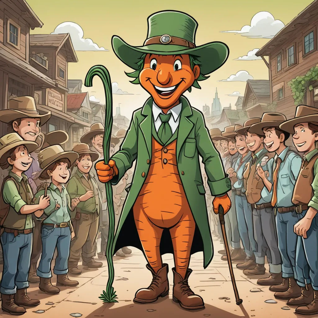 a cartoon of a man dressed as a carrot with a green hat and green coat and a cane in front of a crowd of people, furry art, a storybook illustration, Andries Stock, promotional image