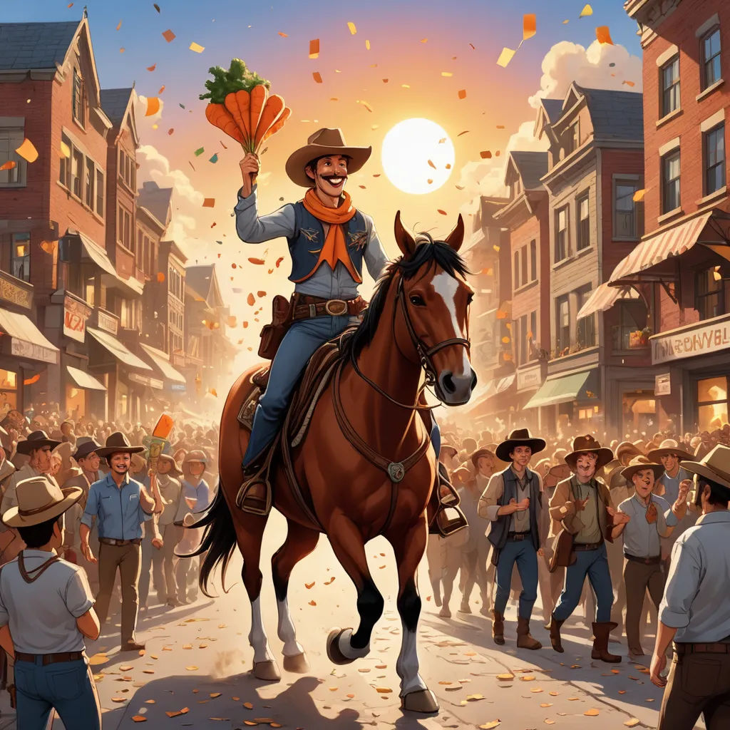 a man riding a horse in a town with a crowd of people watching him on the street and a sun setting, american scene painting, concept art, Chris LaBrooy, western comic book art