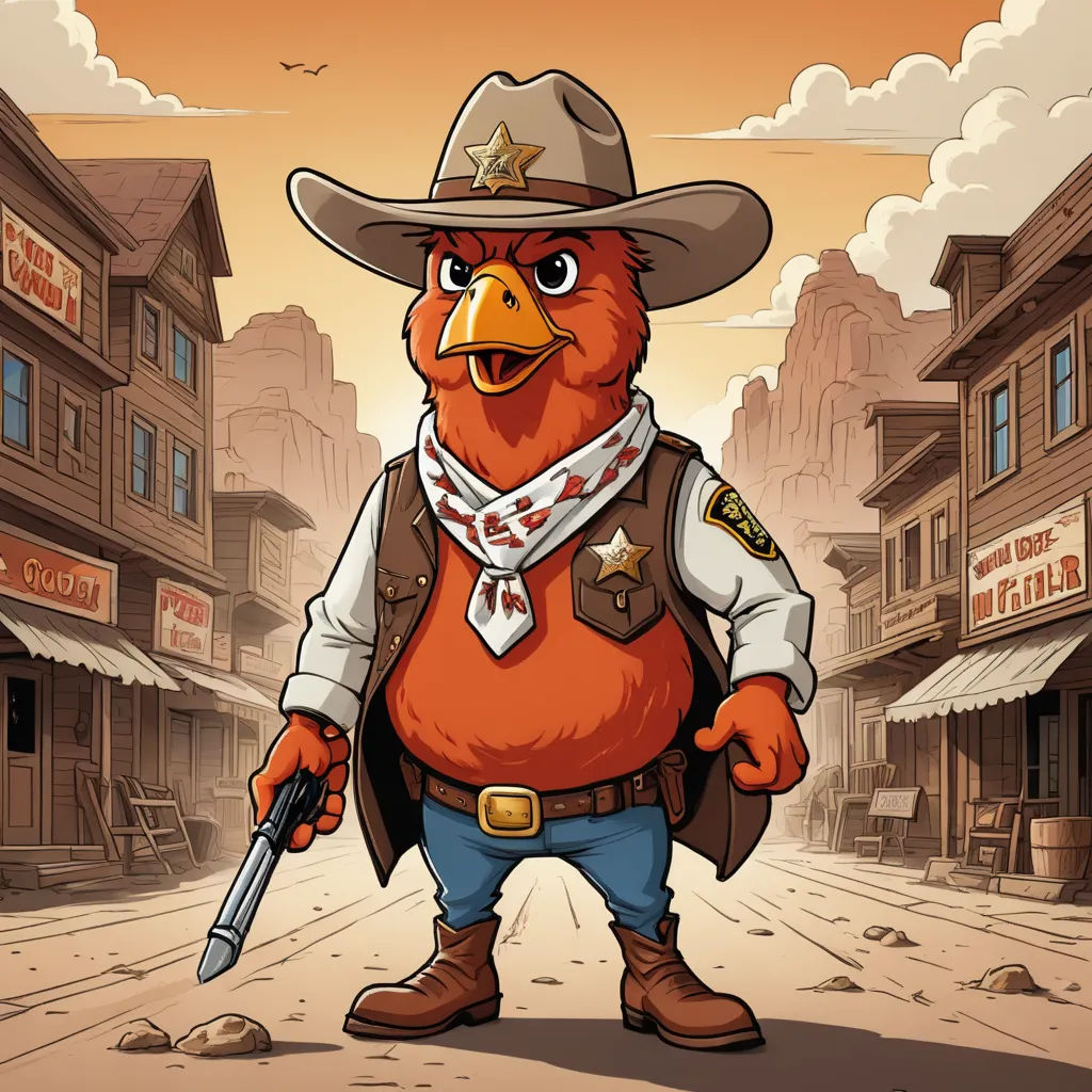 a cartoon character of a bird in a cowboy outfit holding a gun in a town street with buildings and a sky background, american scene painting, a character portrait, Chris LaBrooy, western comic book art