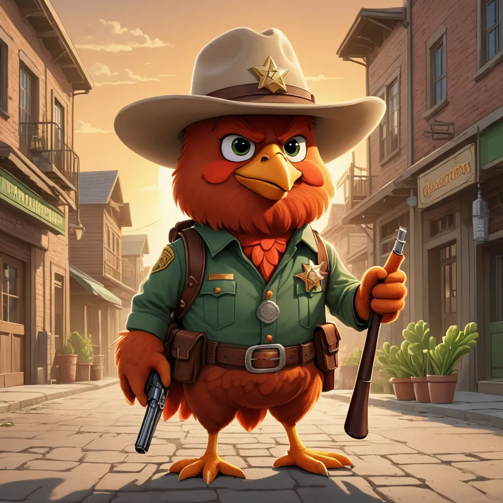 a cartoon bird with a gun and a hat on a street with buildings in the background and a cactus in the foreground, furry art, concept art, Chris LaBrooy, character art
