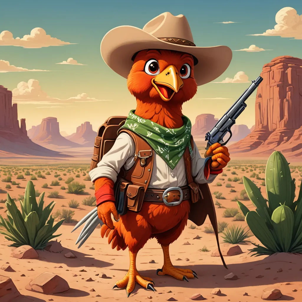 a cartoon bird with a gun in a desert scene with mountains and cactuses in the background, wearing a cowboy hat and holding a gun, american scene painting, a character portrait, Chris LaBrooy, western comic book art