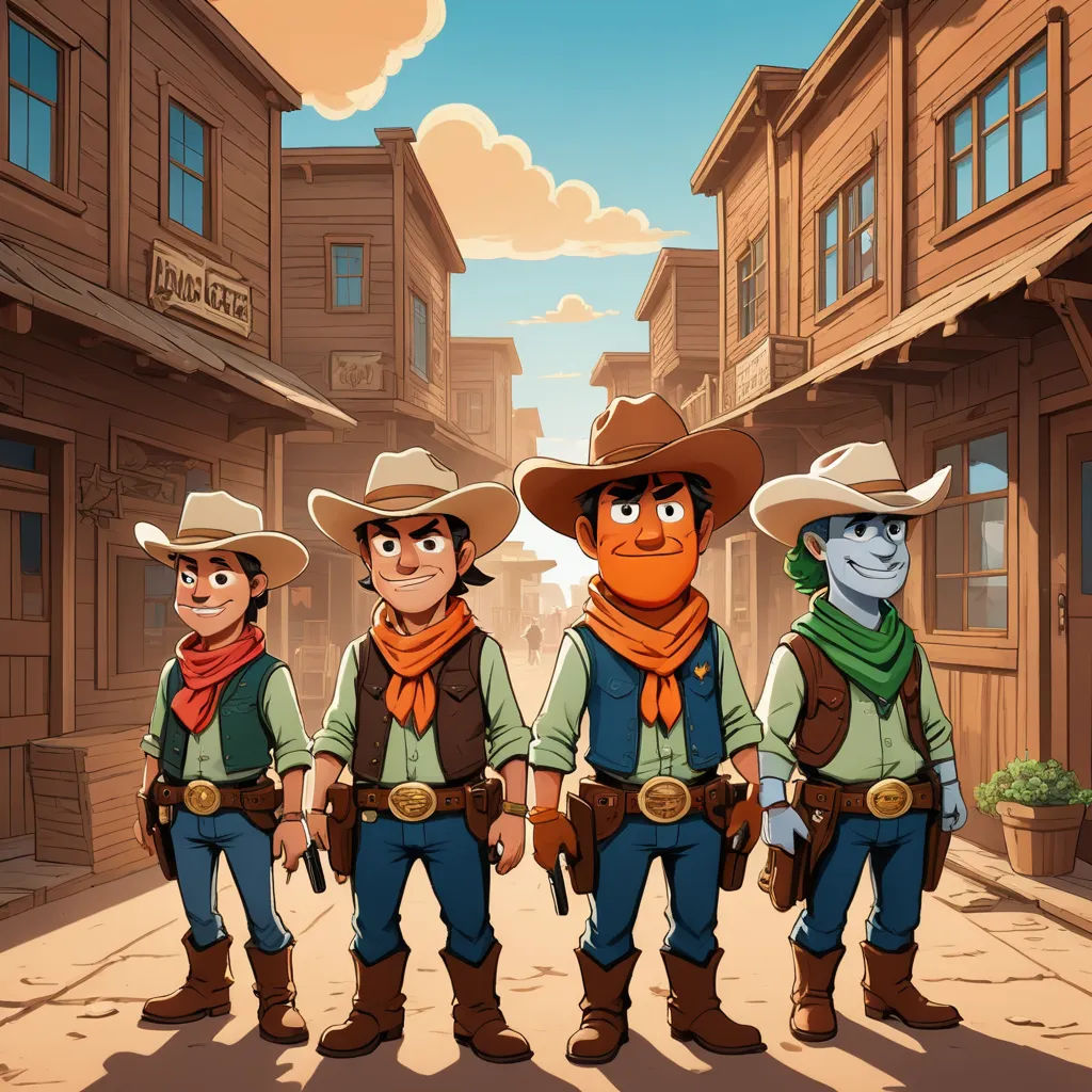 a group of three cartoon cowboys standing in front of a building with a cowboy hat on and a cowgirl in the background, lyco art, concept art, Diego Gisbert Llorens, western comic book art