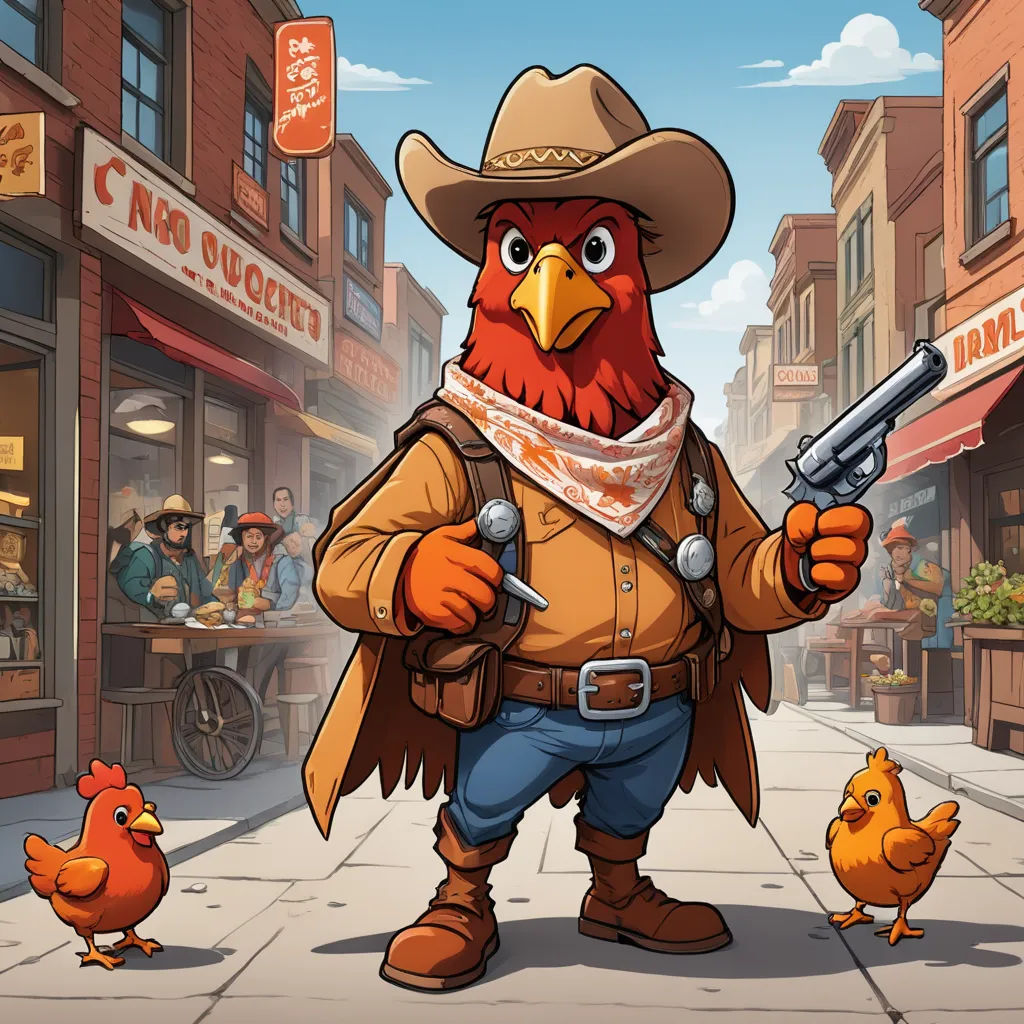a cartoon of a chicken with a gun and a cowboy hat on a city street with chickens around him, american scene painting, a character portrait, Chris LaBrooy, western comic book art