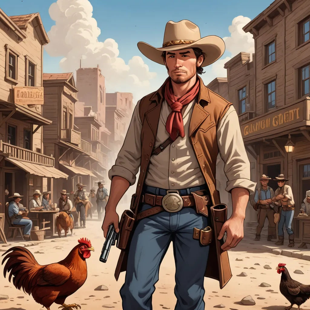 a man in a cowboy outfit holding a gun and a chicken in a town square with people in the background, american scene painting, a character portrait, Chris LaBrooy, western comic book art
