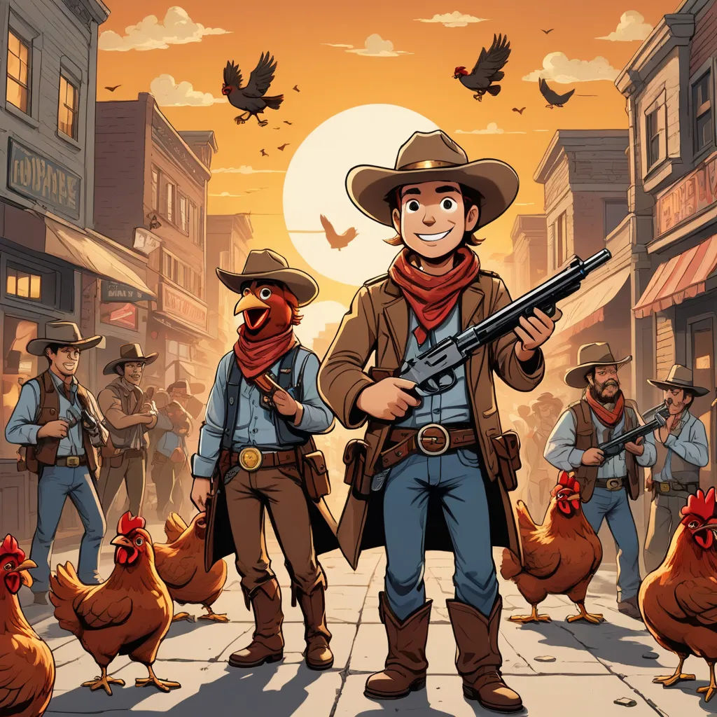 a cartoon of a man with a gun and two chickens in the street with a gun in his hand, lyco art, a storybook illustration, Dan Mumford, western comic book art