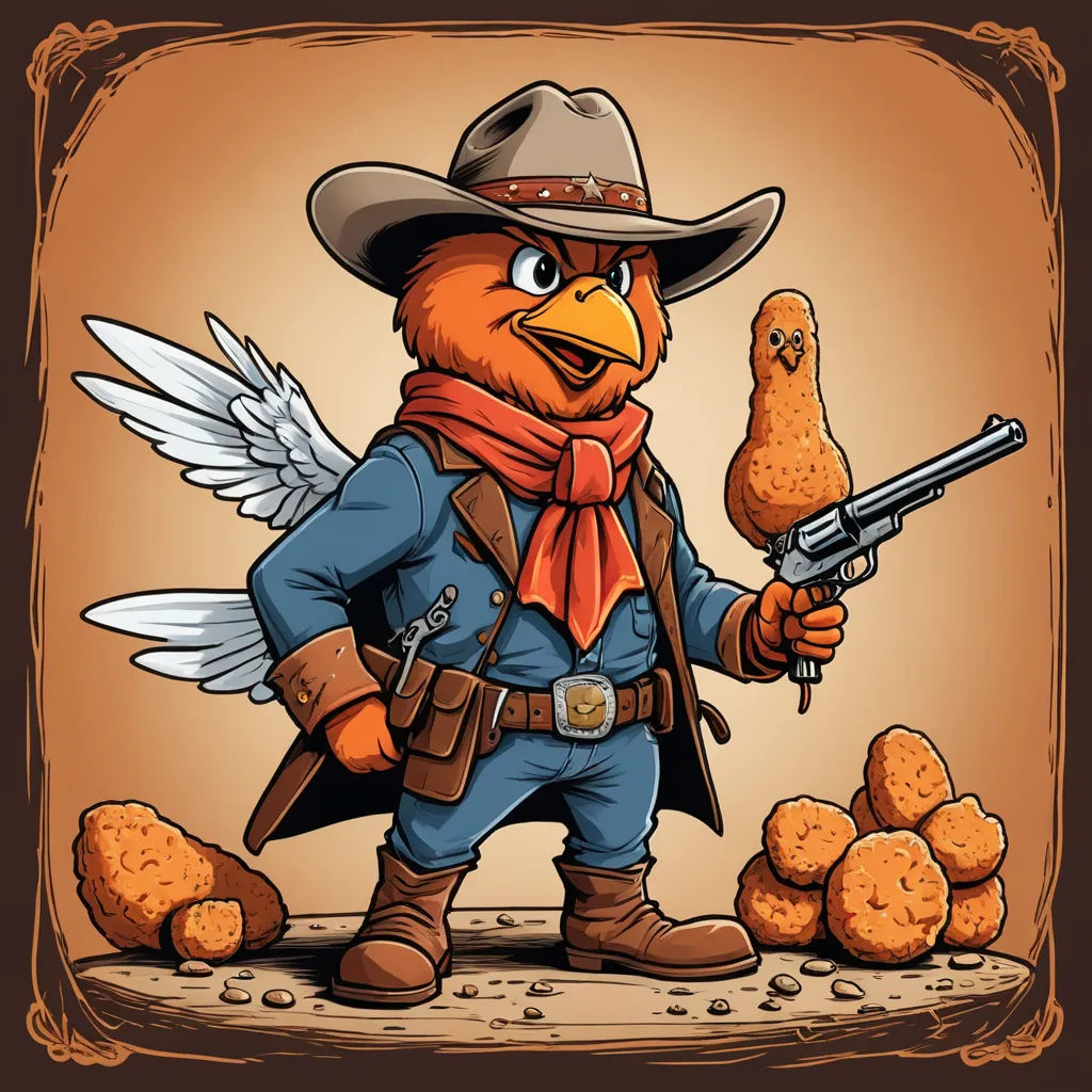 a cartoon character with a gun and a bird in a cowboy outfit holding a gun and a chicken on a pile of potatoes, pop surrealism, a character portrait, Chris LaBrooy, western comic book art