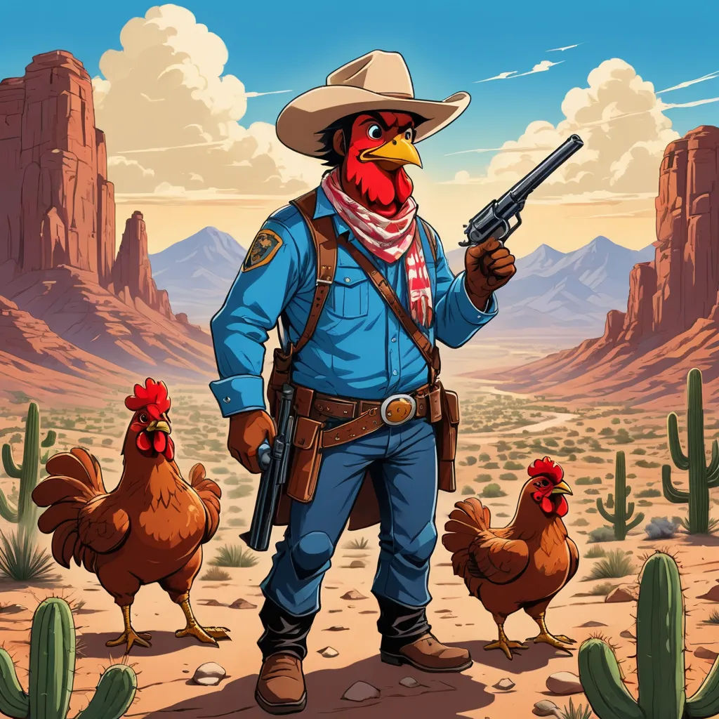 a cartoon cowboy with a gun and two chickens in the desert with mountains in the background and a sky with clouds, american scene painting, concept art, Chris LaBrooy, western comic book art