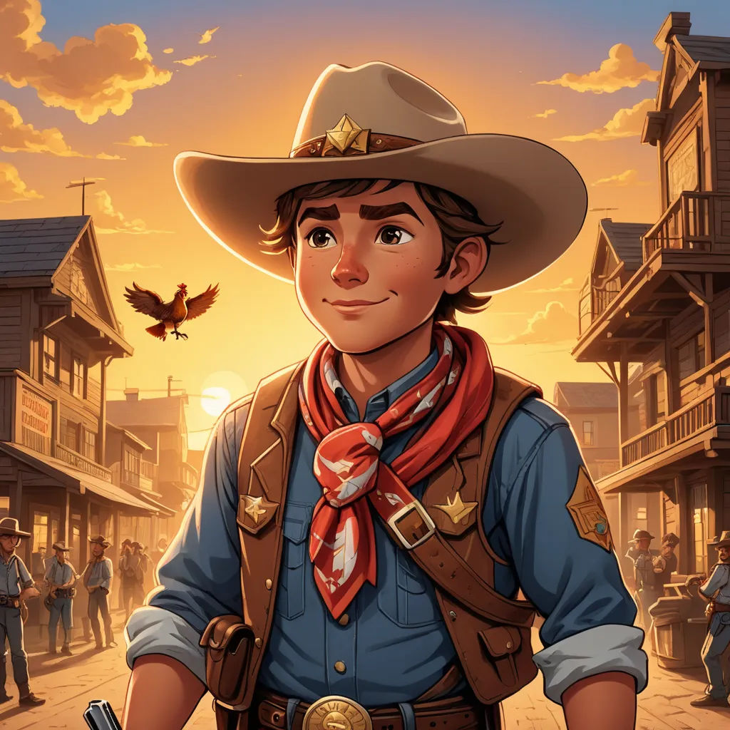 a cartoon cowboy with a gun and a bird flying over him in the background of a town at sunset, american scene painting, a character portrait, Anson Maddocks, western comic book art
